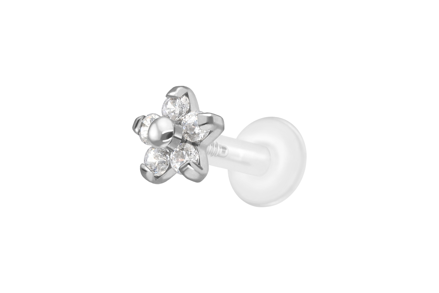 PTFE Labret Piercing mit Innengewinde + Titan-Aufsatz BLUME MIT 5 KRISTALLEN